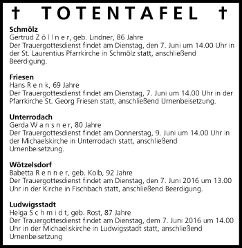 Anzeige von Totentafel vom 07.06.2016 von MGO