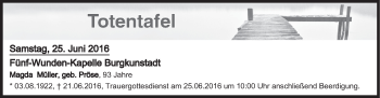 Anzeige von Totentafel vom 25.06.2016 von MGO
