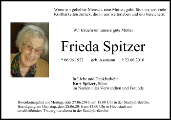 Anzeige von Frieda Spitzer von MGO