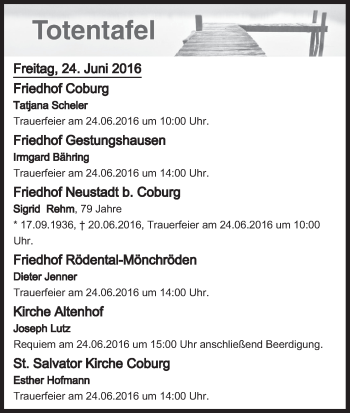 Anzeige von Totentafel vom 24.06.2016 von MGO