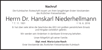 Anzeige von Hanskarl Niederhellmann von MGO