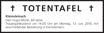 Anzeige von Totentafel vom 11.06.2016 von MGO