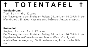 Anzeige von Totentafel vom 24.06.2016 von MGO