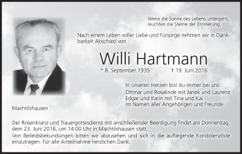 Anzeige von Willi Hartmann von MGO