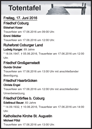 Anzeige von Totentafel vom 17.06.2016 von MGO