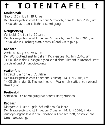 Anzeige von Totentafel vom 14.06.2016 von MGO