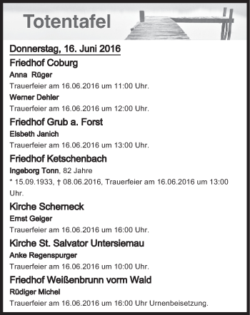 Anzeige von Totentafel vom 16.06.2016 von MGO