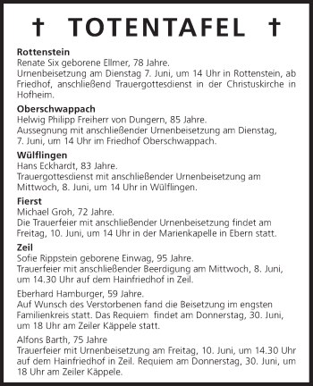 Anzeige von Totentafel vom 06.06.2016 von MGO