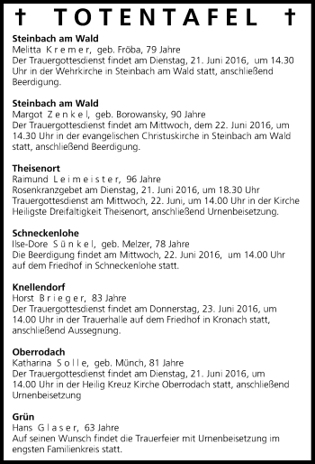 Anzeige von Totentafel vom 21.06.2016 von MGO