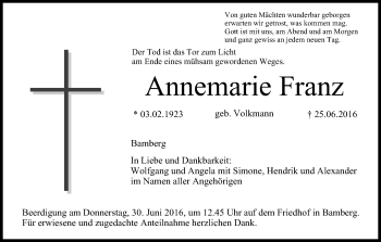 Anzeige von Annemarie Franz von MGO