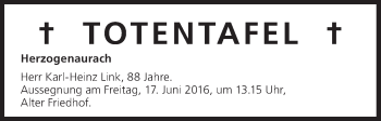Anzeige von Totentafel vom 16.06.2016 von MGO