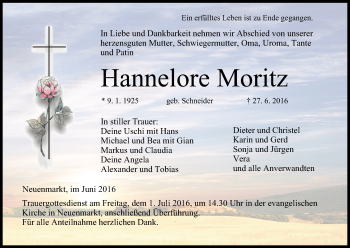 Anzeige von Hannelore Moritz von MGO