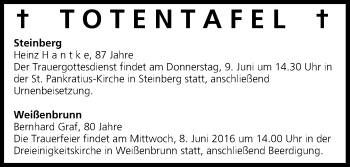 Anzeige von Totentafel vom 08.06.2016 von MGO