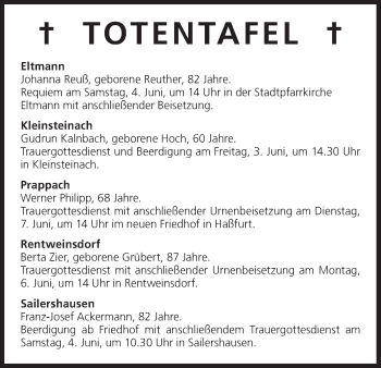 Anzeige von Totentafel vom 03.06.2016 von MGO