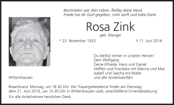 Anzeige von Rosa Zink von MGO
