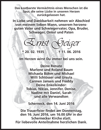 Anzeige von Ernst Geiger von MGO