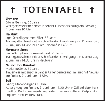 Anzeige von Totentafel vom 02.06.2016 von MGO
