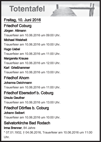 Anzeige von Totentafel vom 10.06.2016 von MGO