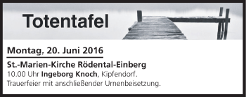Anzeige von Totentafel vom 20.06.2016 von MGO