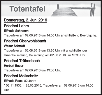 Anzeige von Totentafel vom 02.06.2016 von MGO