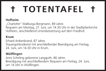 Anzeige von Totentafel vom 23.06.2016 von MGO