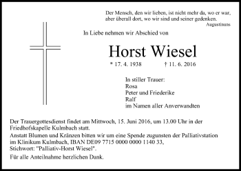 Anzeige von Horst Wiesel von MGO