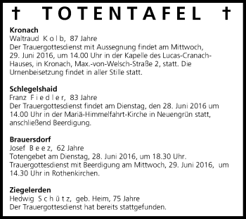 Anzeige von Totentafel vom 28.06.2016 von MGO