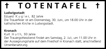 Anzeige von Totentafel vom 29.06.2016 von MGO