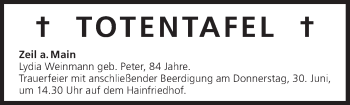 Anzeige von Totentafel vom 27.06.2016 von MGO