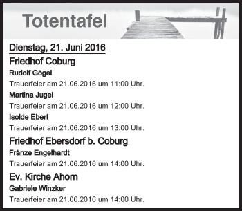 Anzeige von Totentafel vom 21.06.2016 von MGO