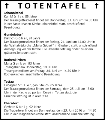 Anzeige von Totentafel vom 23.06.2016 von MGO