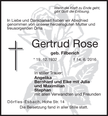 Anzeige von Gertrud Rose von MGO