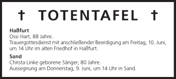 Anzeige von Totentafel vom 08.06.2016 von MGO