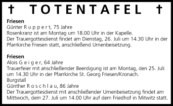 Anzeige von Totentafel vom 23.07.2016 von MGO
