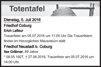 Anzeige von Totentafel vom 05.07.2016 von MGO