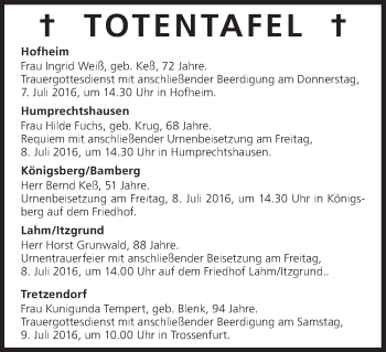 Anzeige von Totentafel vom 07.07.2016 von MGO