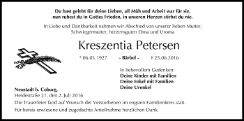 Anzeige von Kreszentia Petersen von MGO
