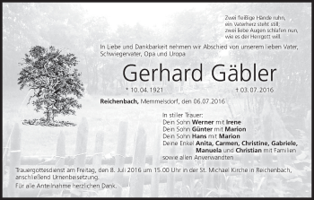 Anzeige von Gerhard Gäbler von MGO
