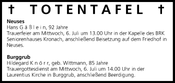 Anzeige von Totentafel vom 05.07.2016 von MGO