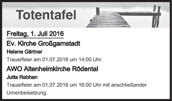 Anzeige von Totentafel vom 01.07.2016 von MGO