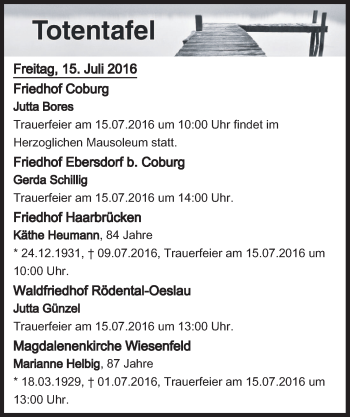 Anzeige von Totentafel vom 15.07.2016 von MGO