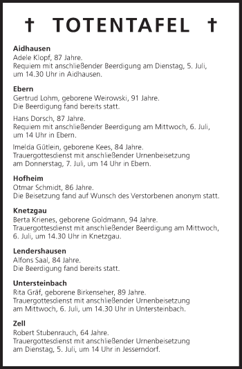 Anzeige von Totentafel vom 05.07.2016 von MGO