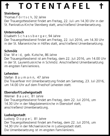 Anzeige von Totentafel vom 21.07.2016 von MGO