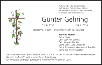 Anzeige von Günter Gehring von MGO