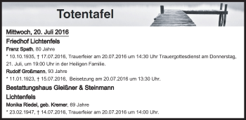 Anzeige von Totentafel vom 20.07.2016 von MGO