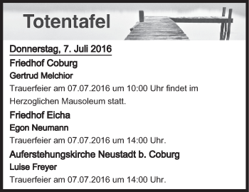 Anzeige von Totentafel vom 07.07.2016 von MGO
