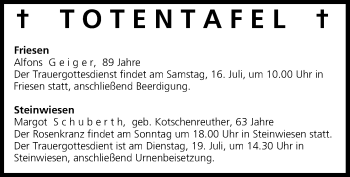 Anzeige von Totentafel vom 16.07.2016 von MGO