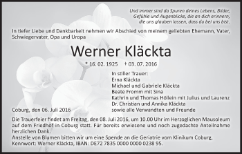 Anzeige von Werner Kläckta von MGO