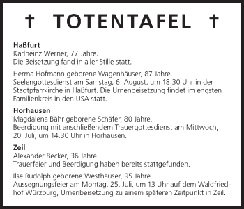 Anzeige von Totentafel vom 19.07.2016 von MGO
