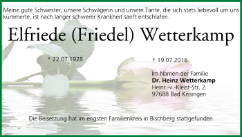Anzeige von Elfriede Wetterkamp von MGO